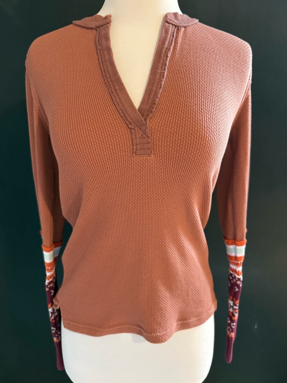 We The Free Dusty Rose Waffle-Knit Top with colorful  sleeves free people fall